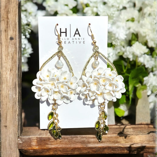 Hydrangea Bloom Bridal Earrings – White & Gold with Green Crystal Drops