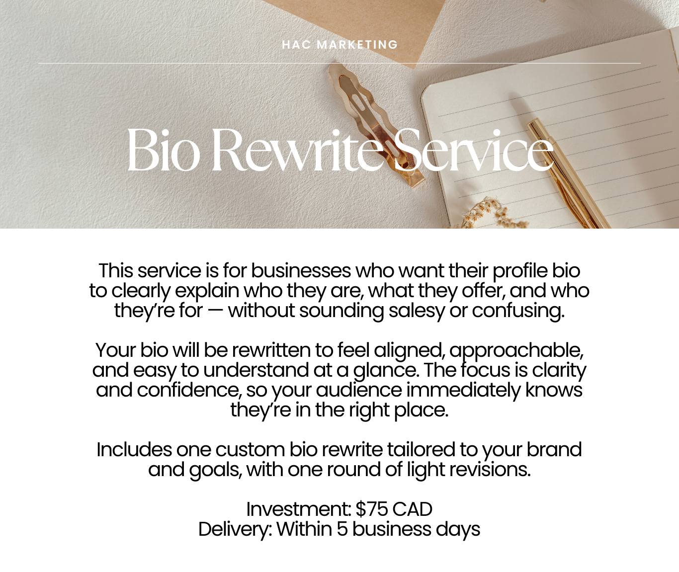 Biography Rewrite:
A thoughtful rewrite of your personal or brand biography to clearly communicate who you are, what you do, and how you support your audience.