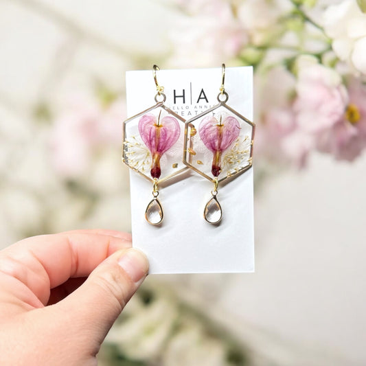 Bleeding Heart Drops – Real Flower Resin Earrings
