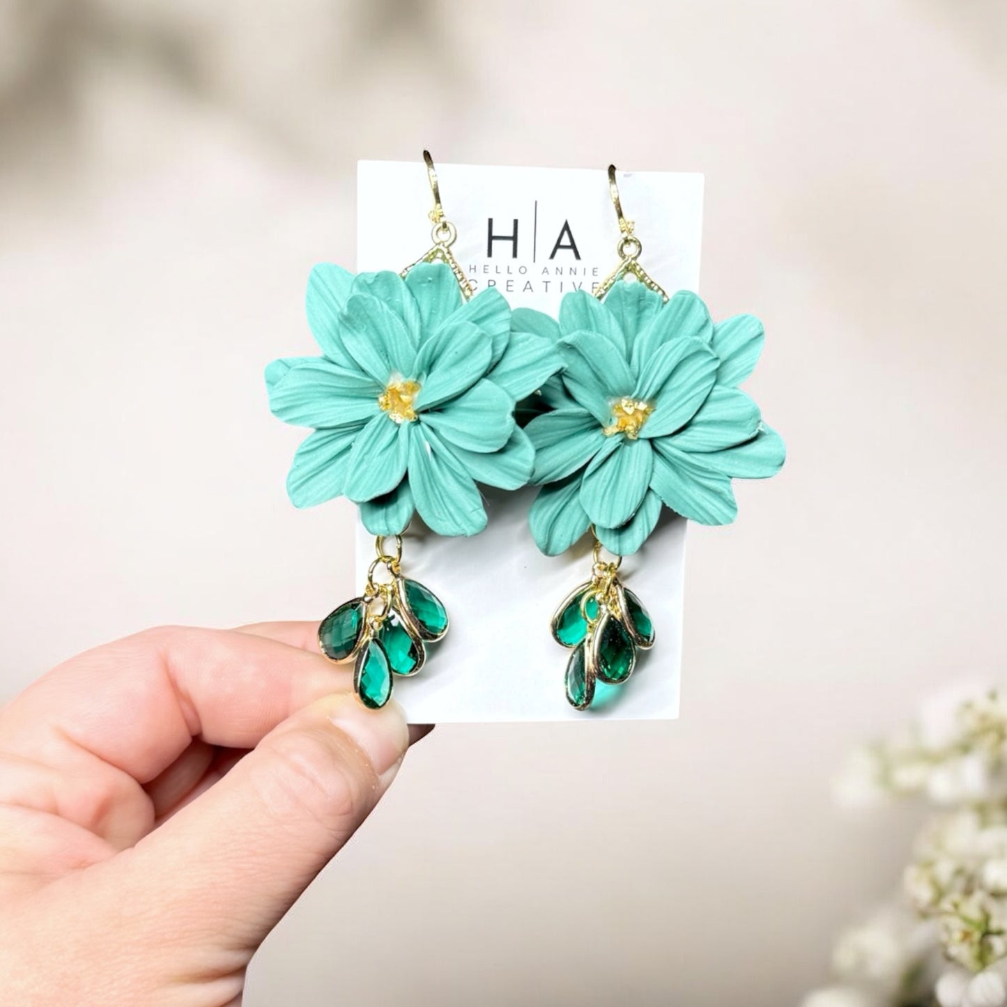 Turquoise Bloom Drop Earrings – Handmade Clay Flowers with Green Gem Accents
